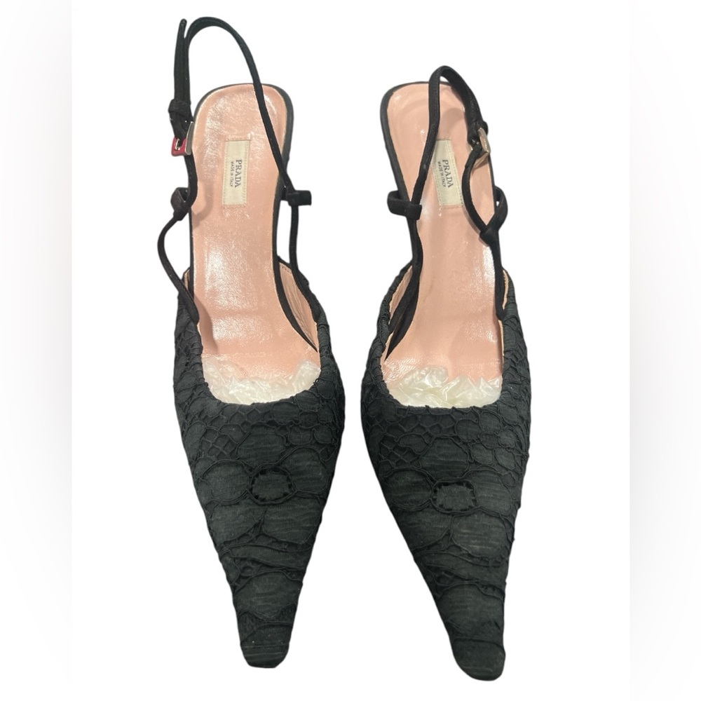 Prada Black Flower Lace Slingback Pumps Lux0** - Picture 4 of 12
